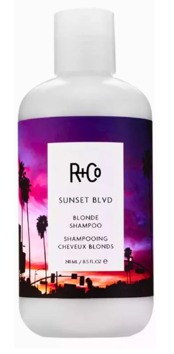 A bottle of R+Co Sunset Blvd Blonde Shampoo with a white cap and a purple sunset-themed label featuring palm trees and a bridge silhouette.
